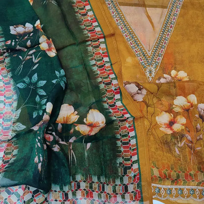 CODE FB251417: Dark mehandhi yellow designer digital printed pure organza semi stitched salwar material v neck(thin