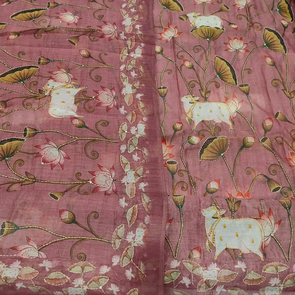 CODE FB251501: Pastel pink digital printed silk cotton unstitched salwar material hand embroidered on front(thin fabric