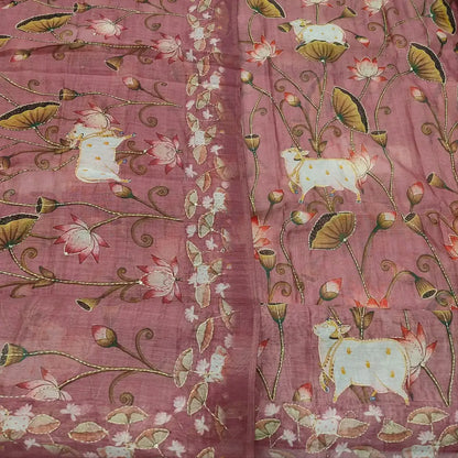 CODE FB251501: Pastel pink digital printed silk cotton unstitched salwar material hand embroidered on front(thin fabric
