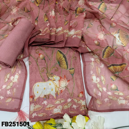 CODE FB251501: Pastel pink digital printed silk cotton unstitched salwar material hand embroidered on front(thin fabric