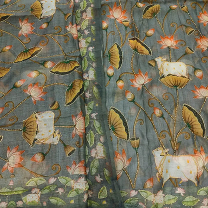 CODE FB251502: Grey digital printed silk cotton unstitched salwar material hand embroidered on front(thin fabric lining