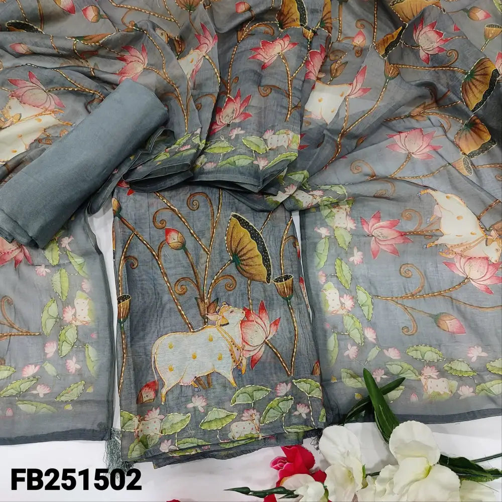 CODE FB251502: Grey digital printed silk cotton unstitched salwar material hand embroidered on front(thin fabric lining