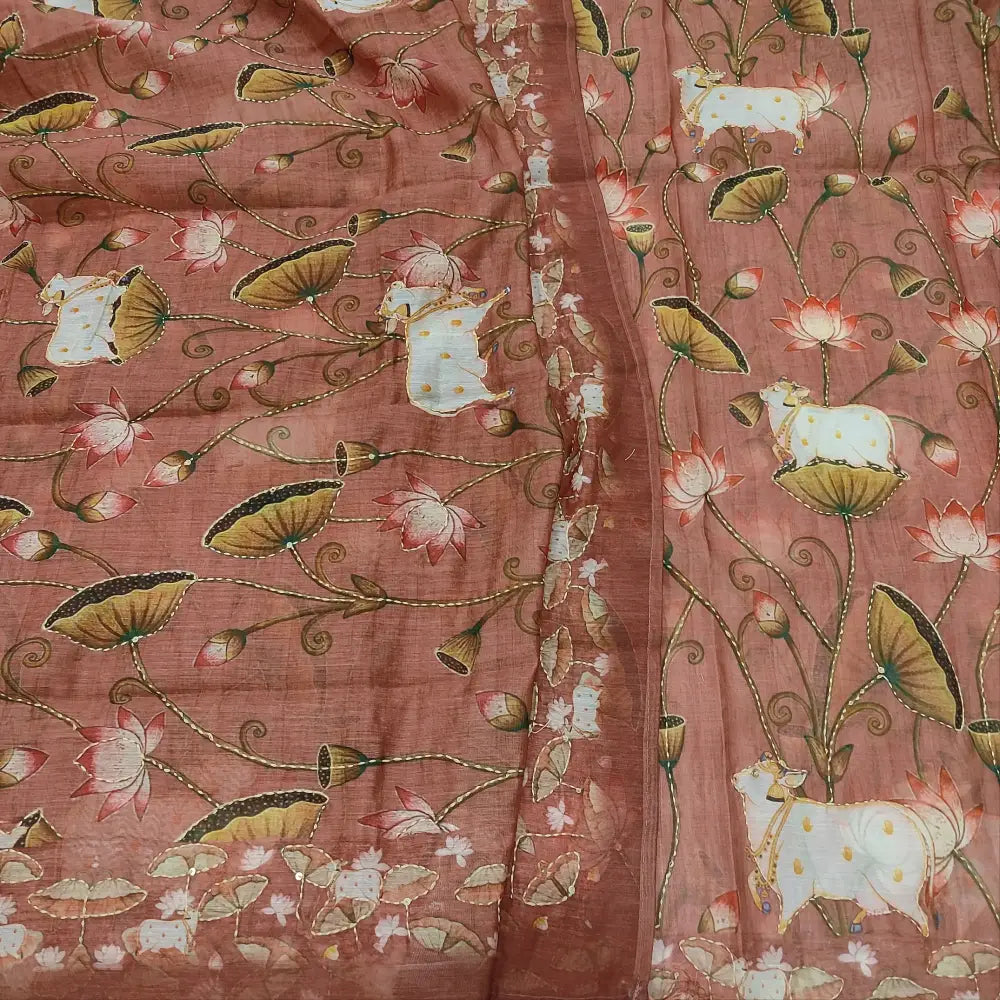 CODE FB251503: Dark onion pink digital printed silk cotton unstitched salwar material hand embroidered on front(thin