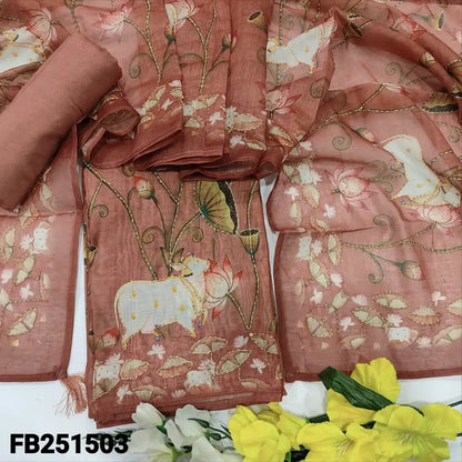 CODE FB251503: Dark onion pink digital printed silk cotton unstitched salwar material hand embroidered on front(thin