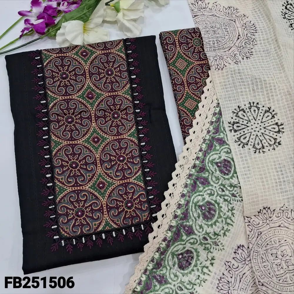 CODE FB251506: Black premium jakard cotton unstitched salwar material printed yoke with purple embroidered& real mirror