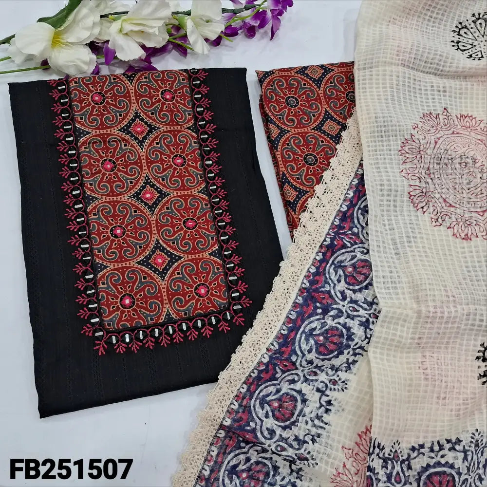 CODE FB251507: Black premium jakard cotton unstitched salwar material printed yoke with red embroidered& real mirror