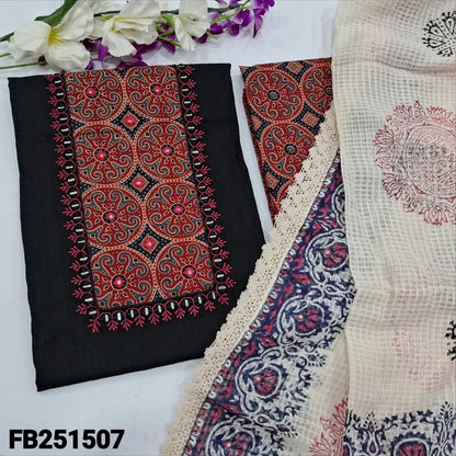 CODE FB251507: Black premium jakard cotton unstitched salwar material printed yoke with red embroidered& real mirror