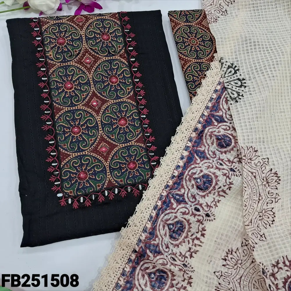 CODE FB251508: Black premium jakard cotton unstitched salwar material printed yoke with pink embroidered& real mirror