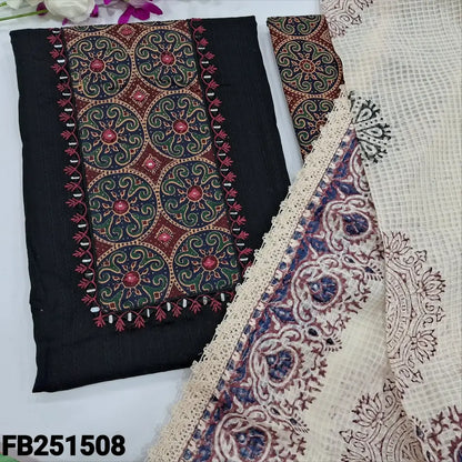 CODE FB251508: Black premium jakard cotton unstitched salwar material printed yoke with pink embroidered& real mirror