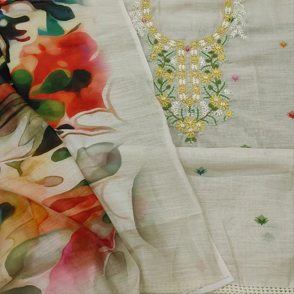 CODE FB251510: Light beige designer premium silk cotton unstitched salwar material yellow floral embroidered