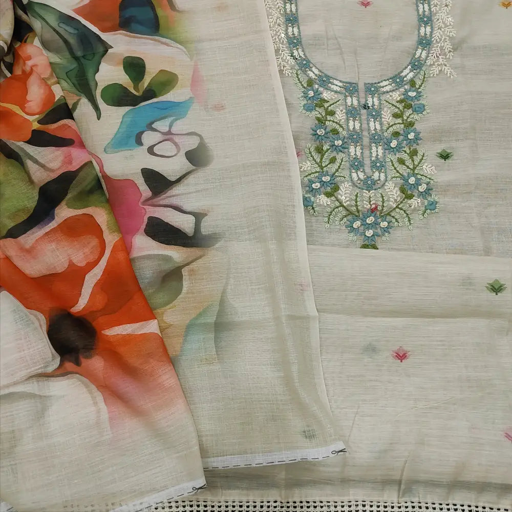 CODE FB251511: Light beige designer premium silk cotton unstitched salwar material blue floral embroidered on yoke(thin