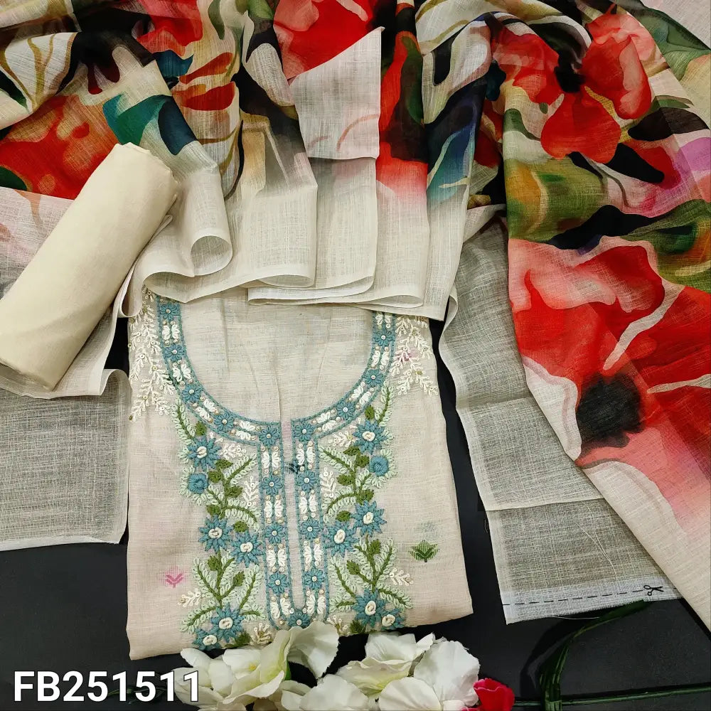 CODE FB251511: Light beige designer premium silk cotton unstitched salwar material blue floral embroidered on yoke(thin