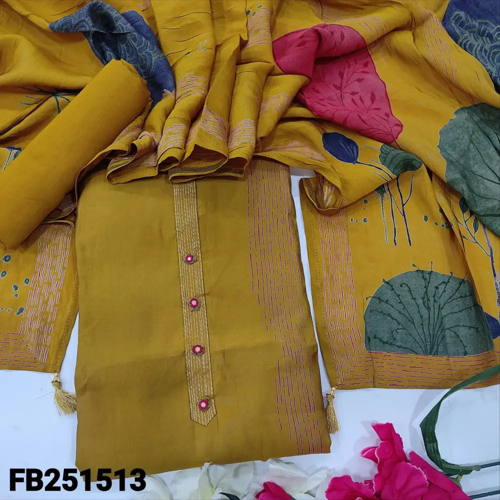 CODE FB251513: Mehandhi yellow digital printed premium silk cotton unstitched salwar material zari& fancy buttons