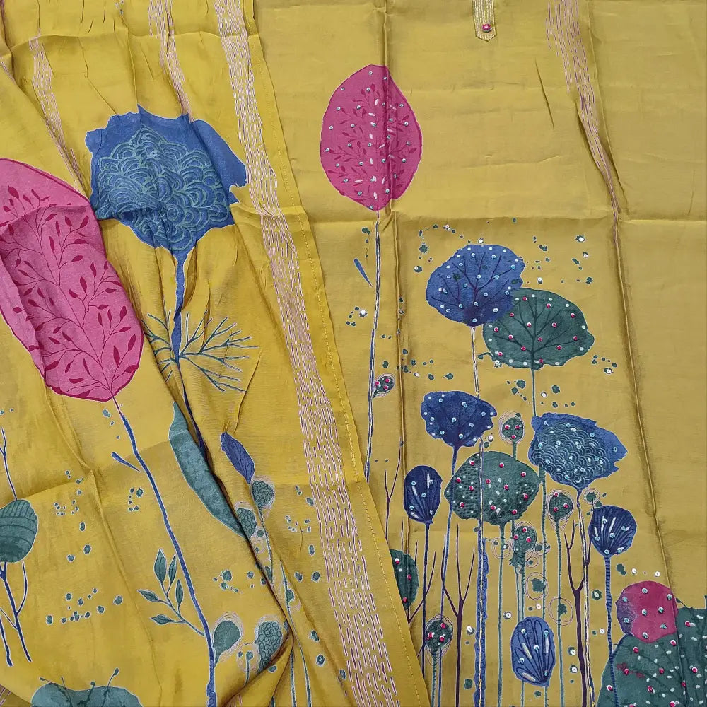 CODE FB251513: Mehandhi yellow digital printed premium silk cotton unstitched salwar material zari& fancy buttons