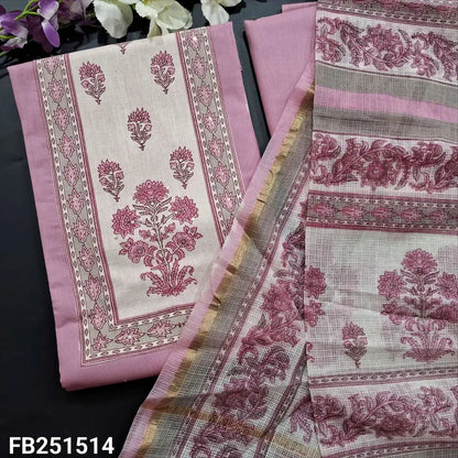 CODE FB251514: Pastel pink ikat printed premium cotton unstitched salwar material block printed yoke with sequins