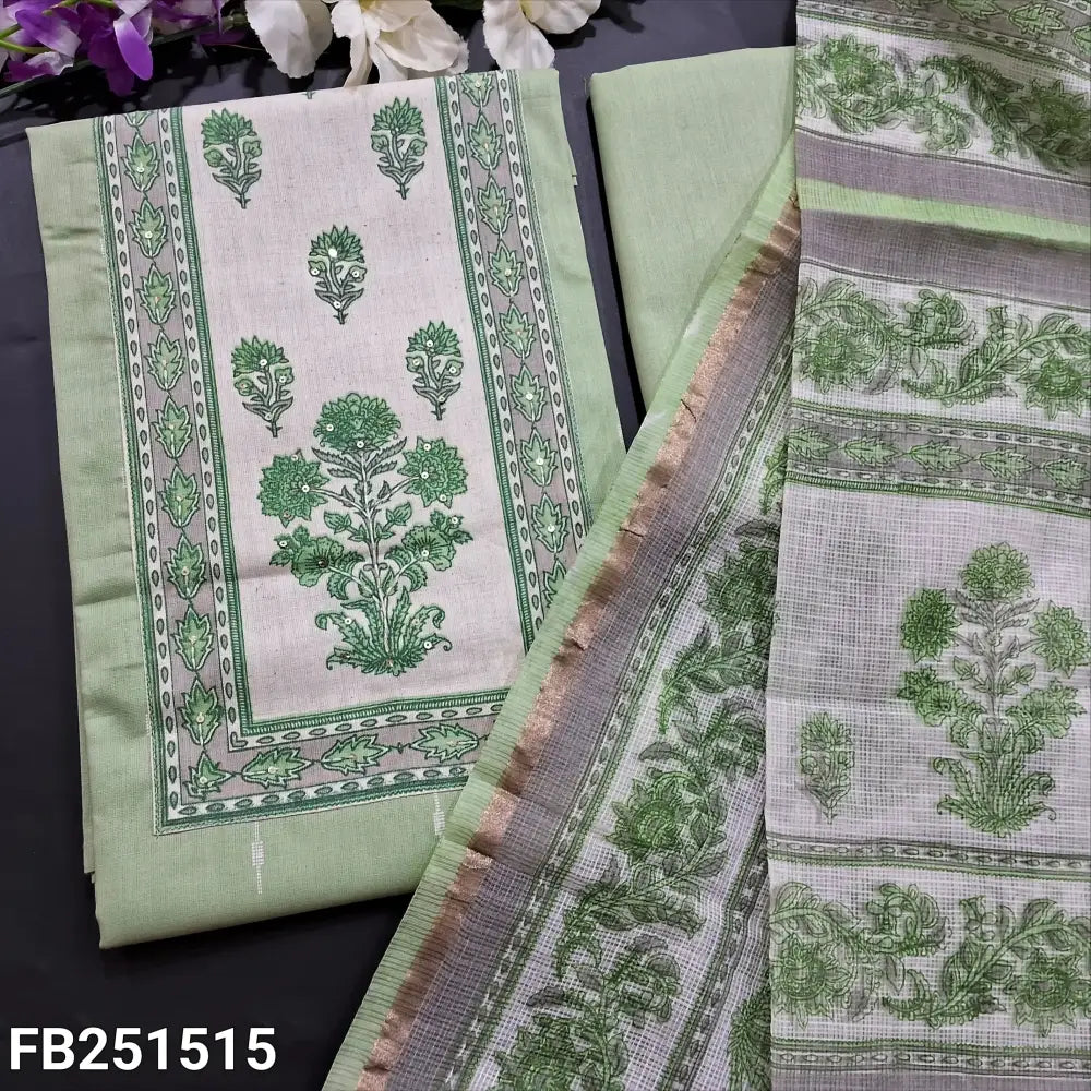 CODE FB251515: Pastel green ikat printed premium cotton unstitched salwar material block printed yoke with sequins