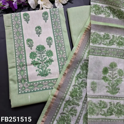 CODE FB251515: Pastel green ikat printed premium cotton unstitched salwar material block printed yoke with sequins