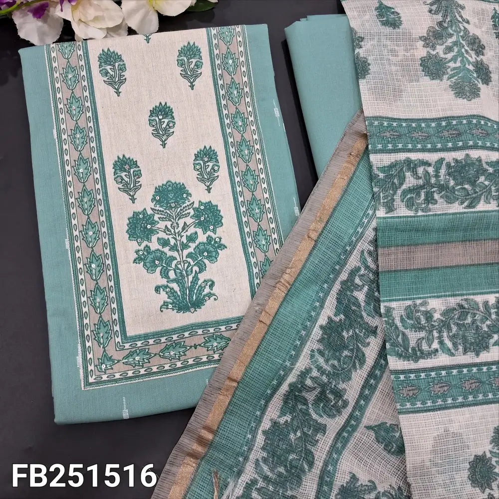 CODE FB251516: Pastel blue ikat printed premium cotton unstitched salwar material block printed yoke with sequins