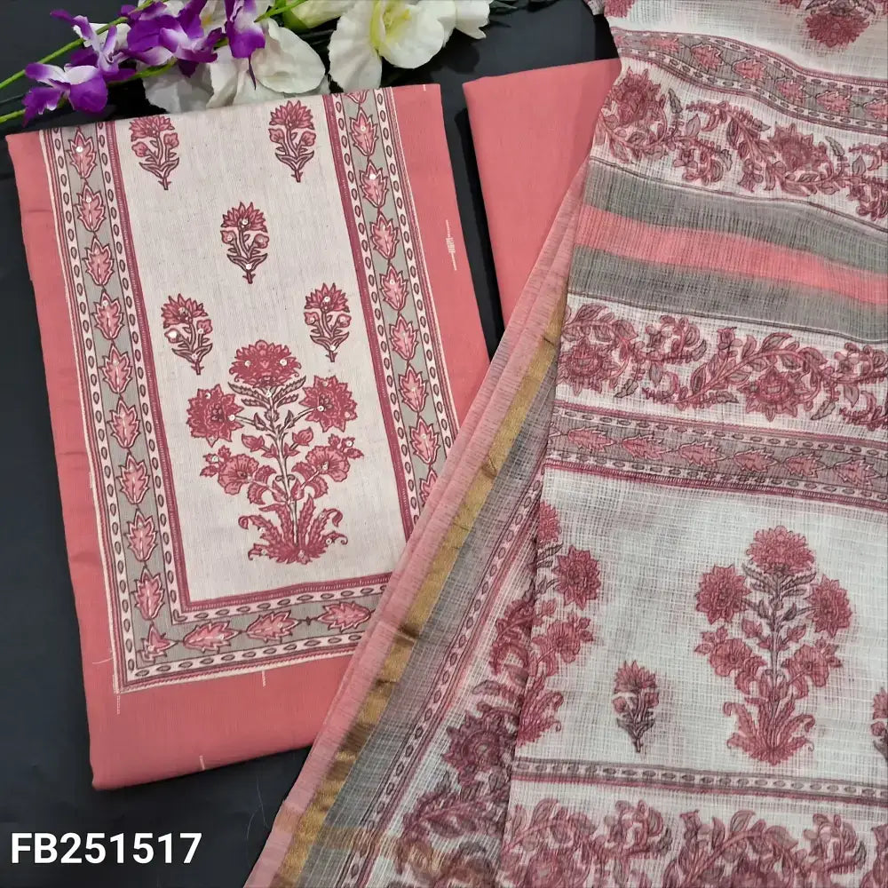 Pastel peach ikat printed premium cotton unstitched salwar material block printed yoke with sequins