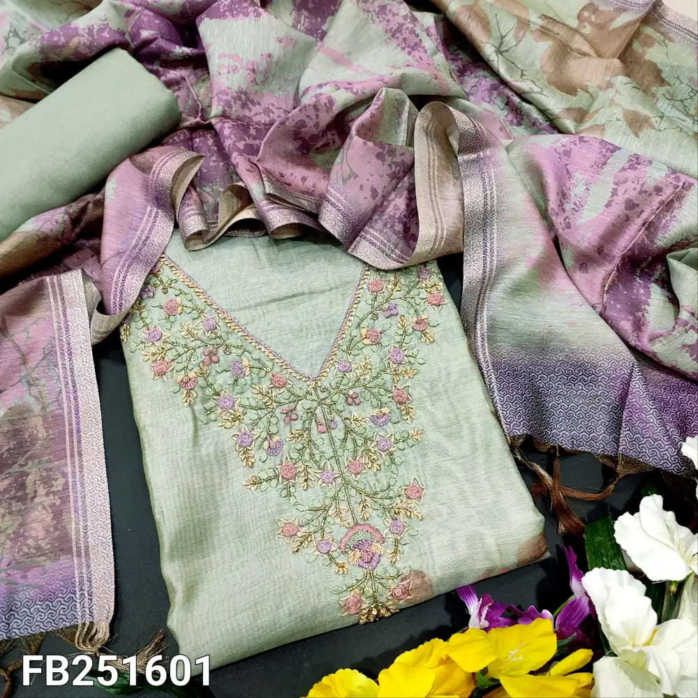 CODE FB251601: Greyish blue digital printed premium soft silk cotton unstitched salwar material v neck with hand