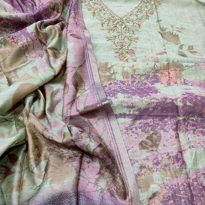 CODE FB251601: Greyish blue digital printed premium soft silk cotton unstitched salwar material v neck with hand