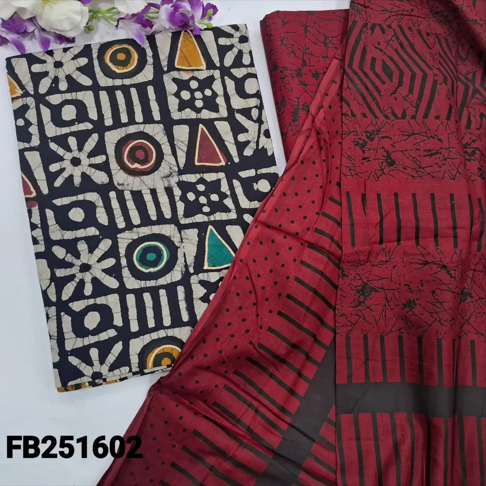 CODE FB251602: Black original wax batik dyed pure cotton unstitched salwar material(lining needed)red batik printed