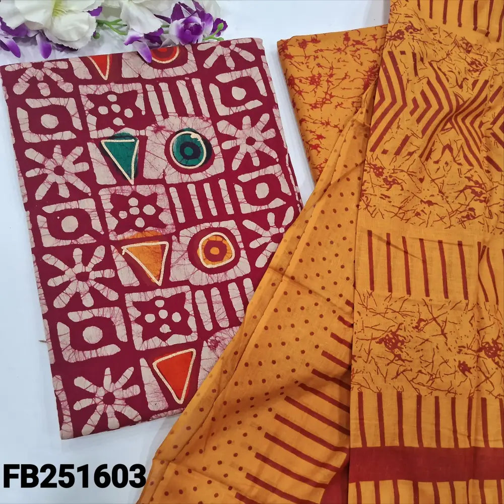 CODE FB251603: Reddish maroon original wax batik dyed pure cotton unstitched salwar material(lining needed)yellow batik