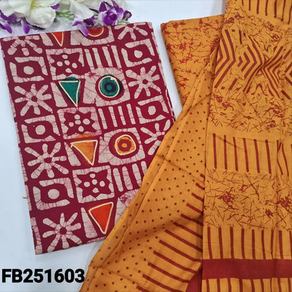 CODE FB251603: Reddish maroon original wax batik dyed pure cotton unstitched salwar material(lining needed)yellow batik