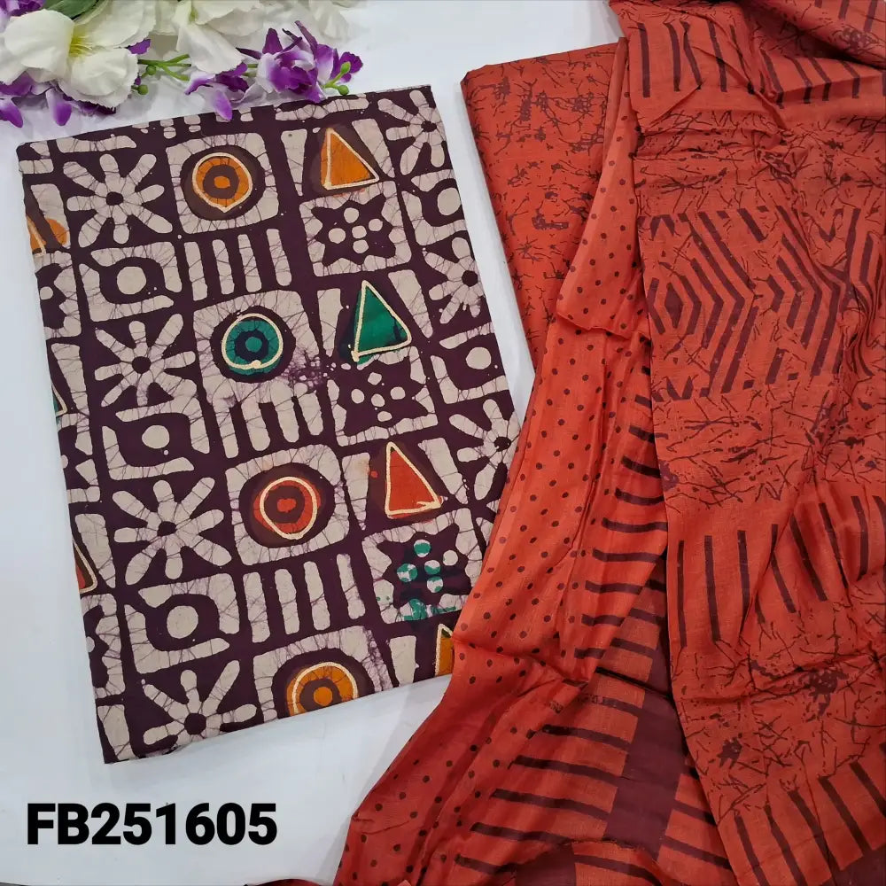 CODE FB251605: Dark maroon original wax batik dyed pure cotton unstitched salwar material(lining needed)orange batik