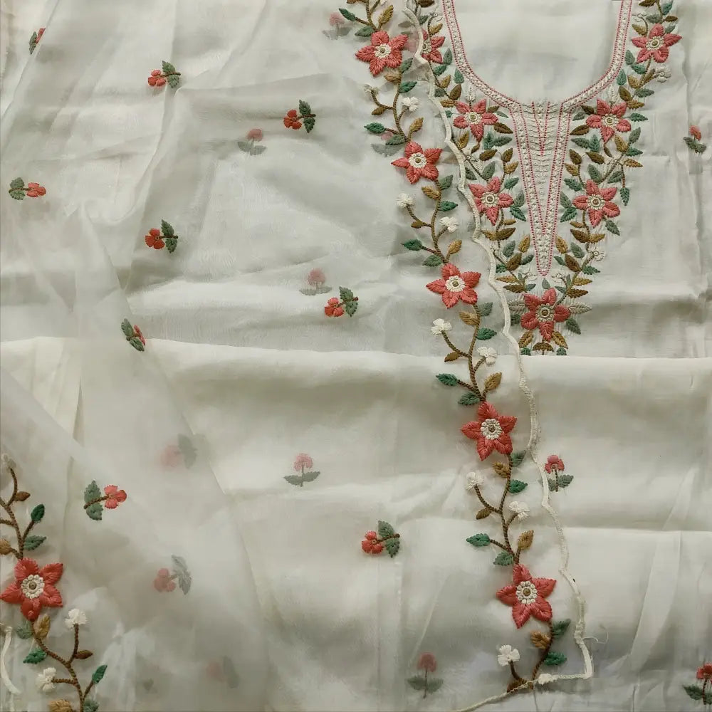 CODE FB251606: White premium silk cotton unstitched salwar material floral embroidered on yoke& front(soft fabric
