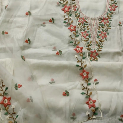 CODE FB251606: White premium silk cotton unstitched salwar material floral embroidered on yoke& front(soft fabric