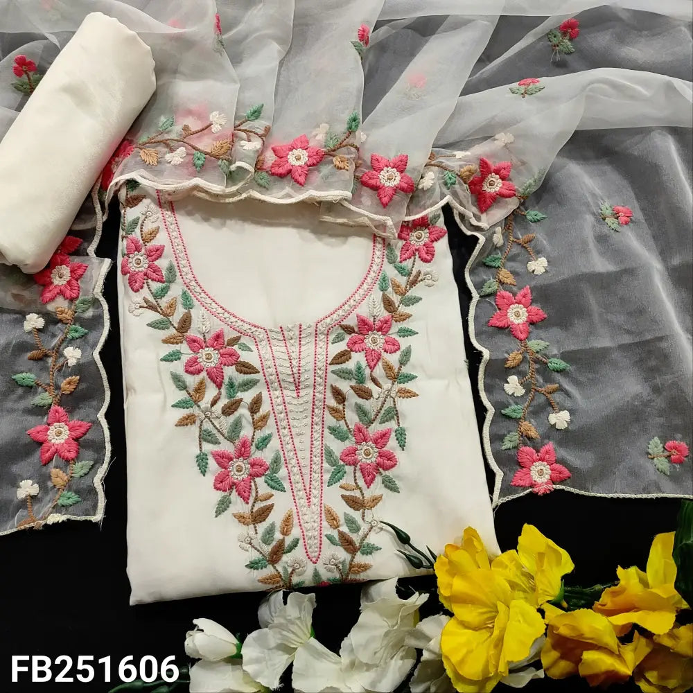 CODE FB251606: White premium silk cotton unstitched salwar material floral embroidered on yoke& front(soft fabric