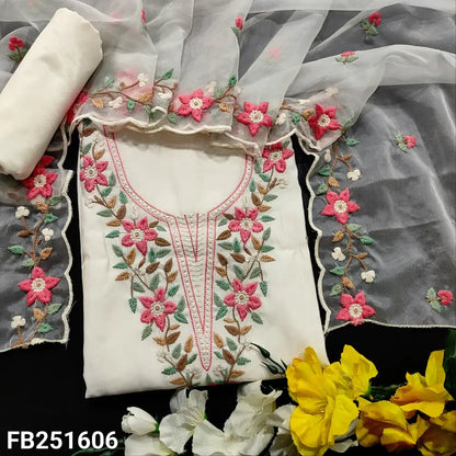 CODE FB251606: White premium silk cotton unstitched salwar material floral embroidered on yoke& front(soft fabric