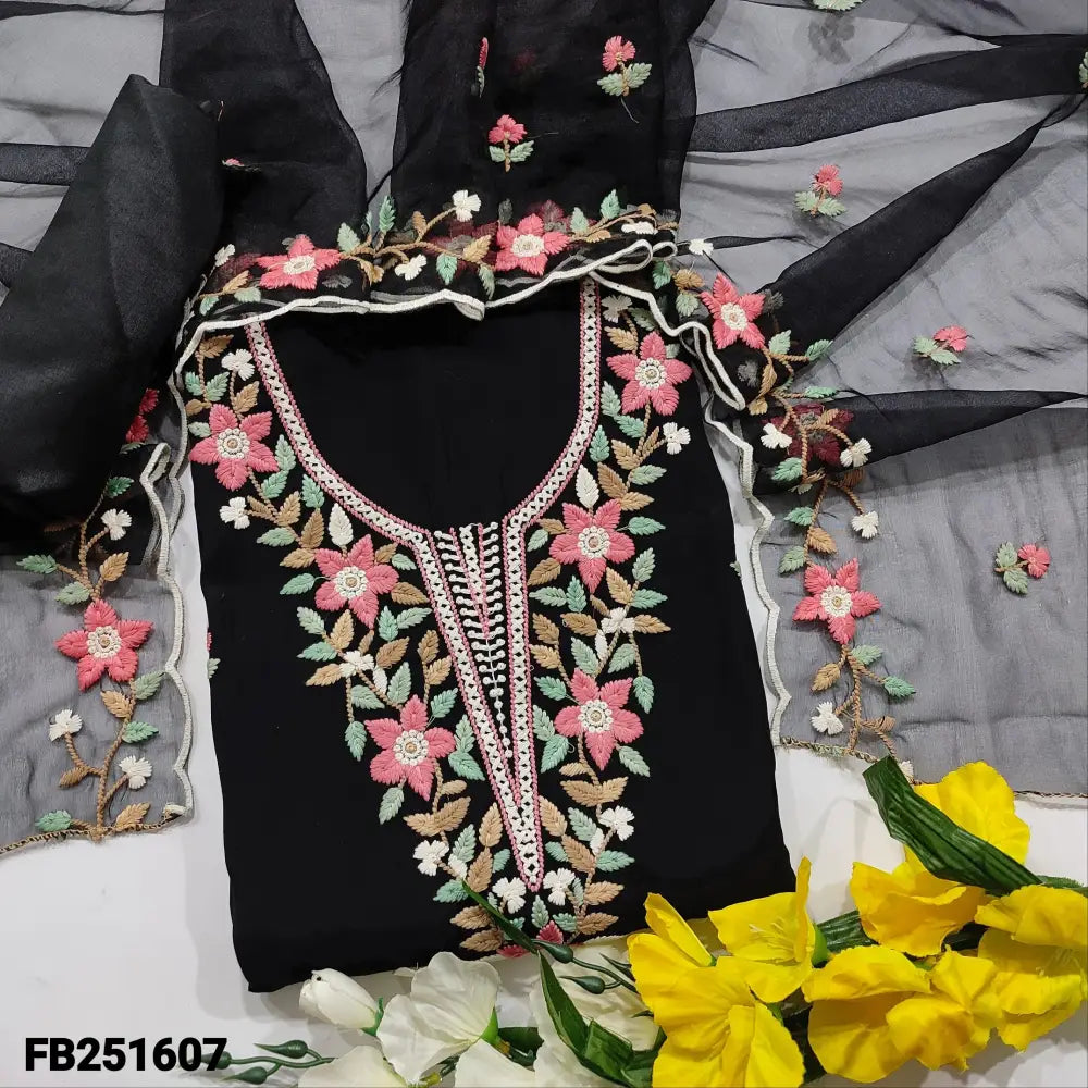CODE FB251607: Black premium silk cotton unstitched salwar material floral embroidered on yoke& front(soft fabric