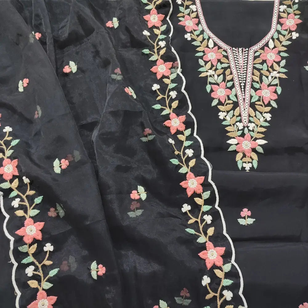CODE FB251607: Black premium silk cotton unstitched salwar material floral embroidered on yoke& front(soft fabric