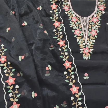 CODE FB251607: Black premium silk cotton unstitched salwar material floral embroidered on yoke& front(soft fabric