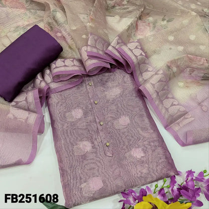CODE FB251608: Light purple tissue silk cotton unstitched salwar material fancy buttons on yoke zari buttas all