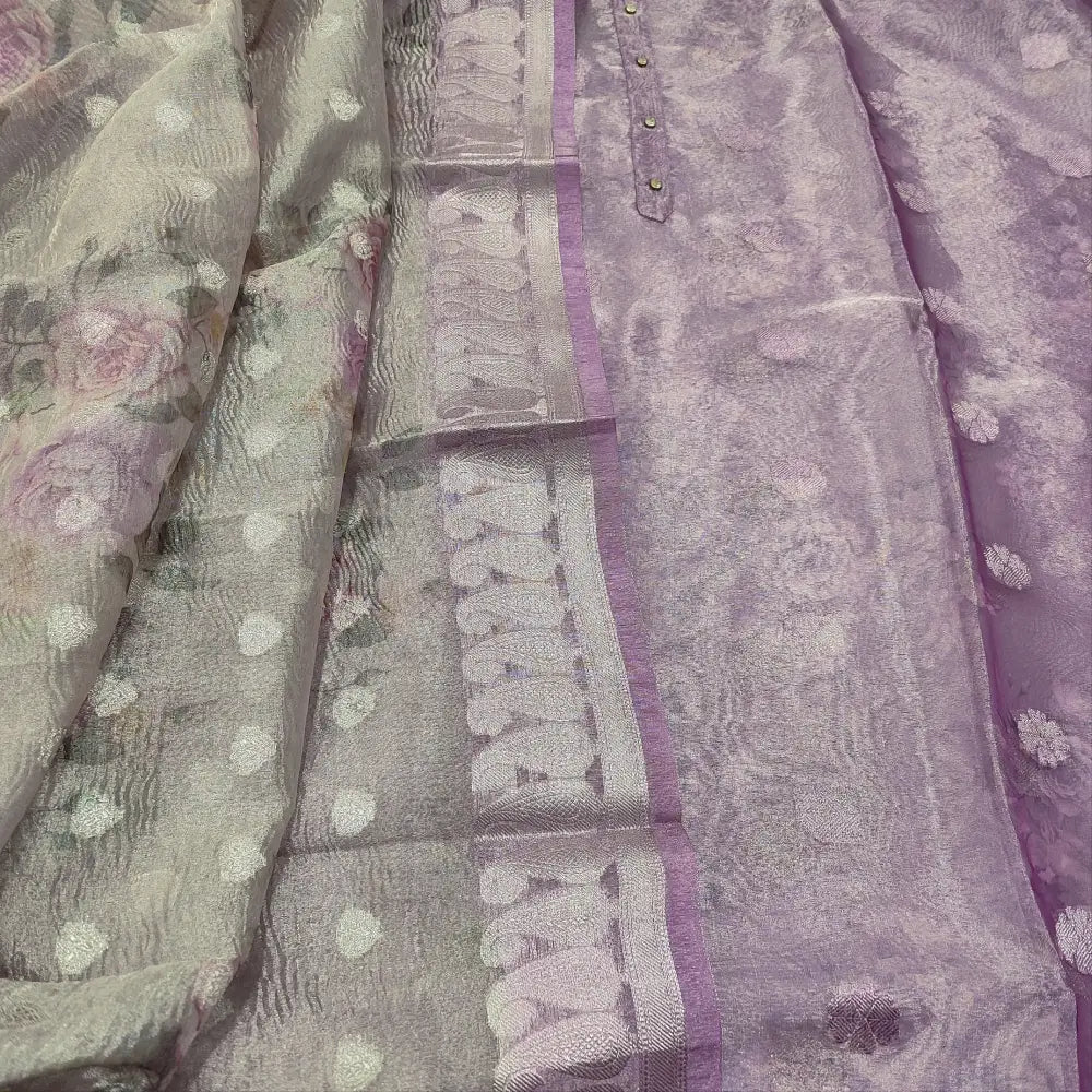 CODE FB251608: Light purple tissue silk cotton unstitched salwar material fancy buttons on yoke zari buttas all