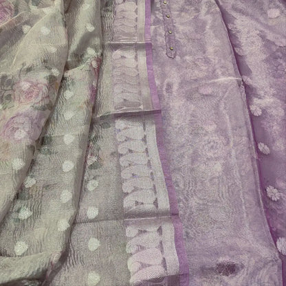 CODE FB251608: Light purple tissue silk cotton unstitched salwar material fancy buttons on yoke zari buttas all