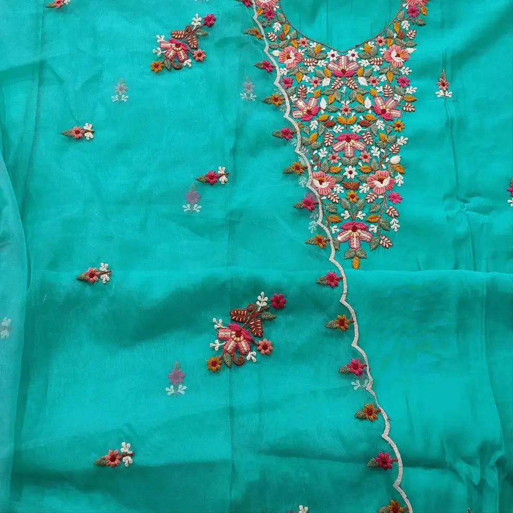 CODE FB251609: Turquoise blue soft silk cotton unstitched salwar material embroidered on yoke& front(lining