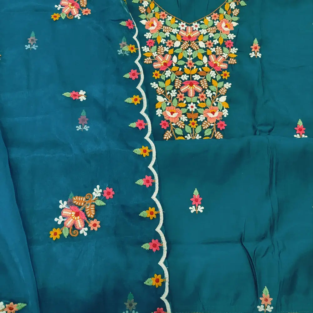 CODE FB251610: Dark blue soft silk cotton unstitched salwar material embroidered on yoke& front(lining needed)matching