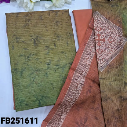 CODE FB251611: Brick red& green digital printed fancy jute silk unstitched salwar material(thin fabric lining