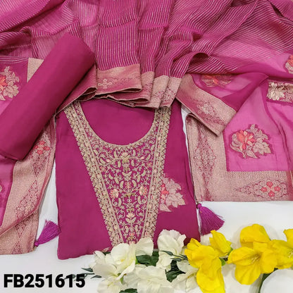 CODE FB251615: Dark purplish pink pure organza silk unstitched salwar material heavy zari& sequins work on yoke zari