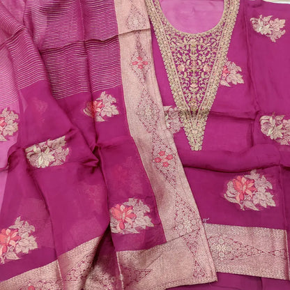 CODE FB251615: Dark purplish pink pure organza silk unstitched salwar material heavy zari& sequins work on yoke zari
