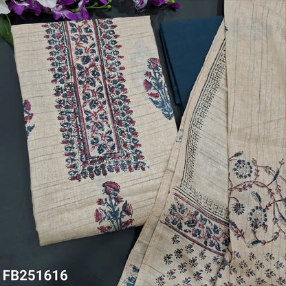 CODE FB251616: Beige block printed semi jute silk unstitched salwar material(thin fabric lining needed)dark blue drum
