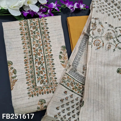 CODE FB251617: Beige block printed semi jute silk unstitched salwar material(thin fabric lining needed)mehandhi yellow