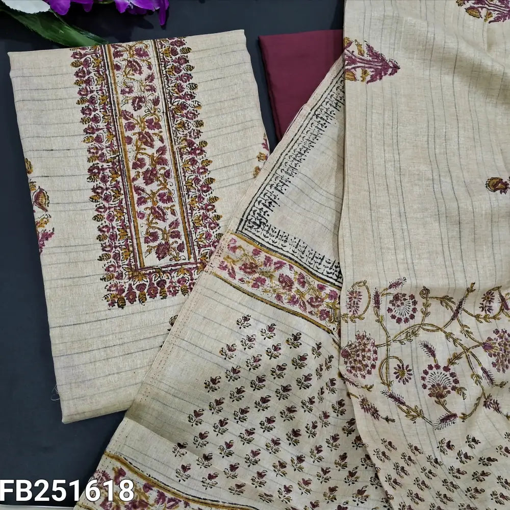 CODE FB251618: Beige block printed semi jute silk unstitched salwar material(thin fabric lining needed)dark pink drum