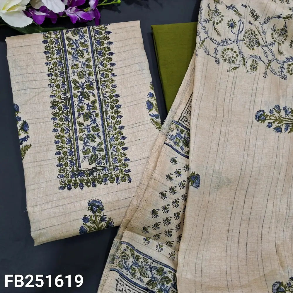 CODE FB251619: Beige block printed semi jute silk unstitched salwar material(thin fabric lining needed)green drum dyed