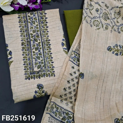 CODE FB251619: Beige block printed semi jute silk unstitched salwar material(thin fabric lining needed)green drum dyed