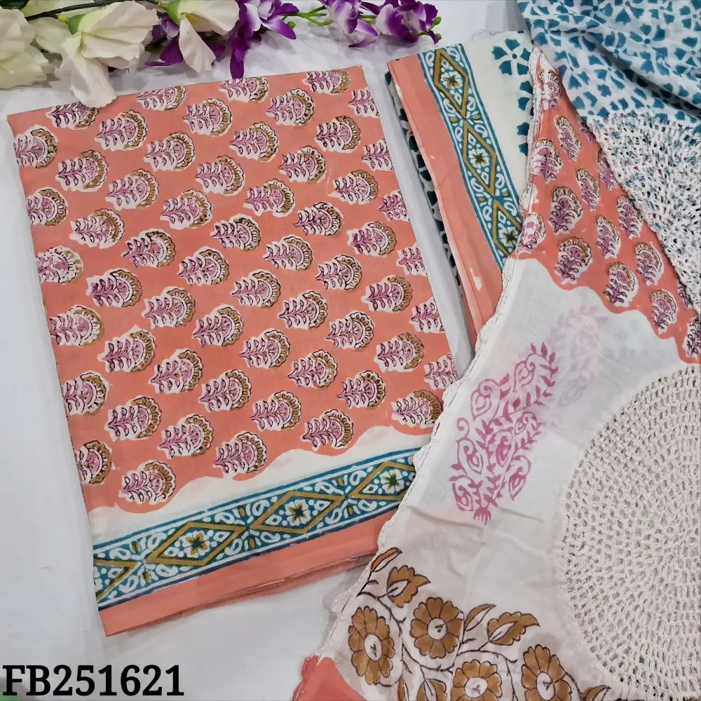 CODE FB251621: Peachish pink hand block printed pure cotton unstitched salwar material(lining needed)block printed